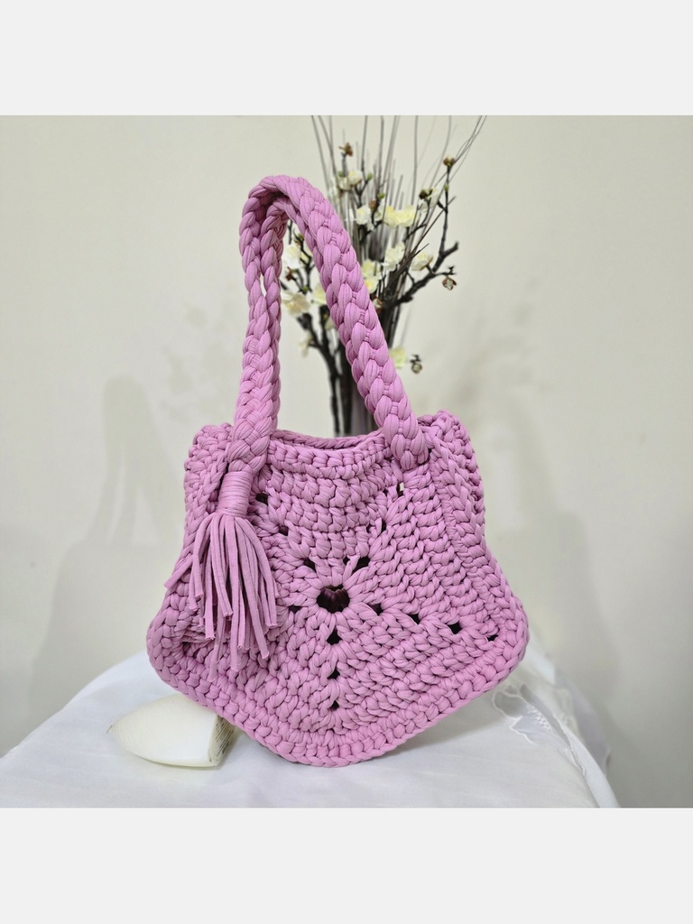 Lilac Flower-Shaped Crochet Bag with Braided Straps and Tassel