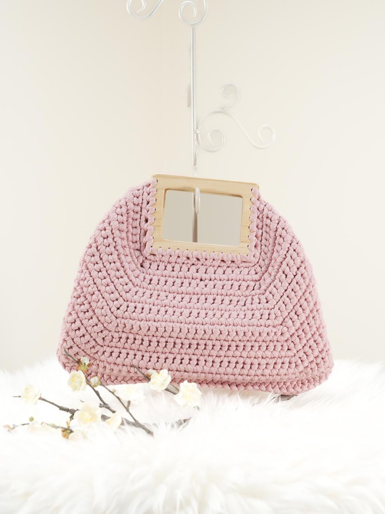 Light Pink Crochet Handbag with Wooden Square Handle and Geometric Design