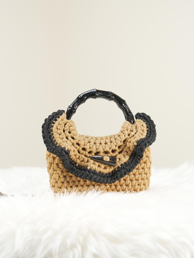 Tan and Black Crochet Handbag with Fold-over Design and Bamboo Handle