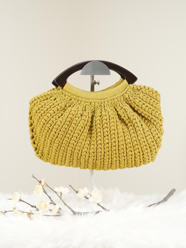 Mustard Crochet Handbag with Pleated Design and Wooden Handle