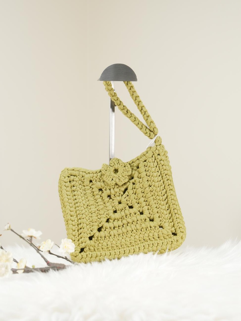 Olive Green Crochet Handbag with Floral Knot Detail and Strap