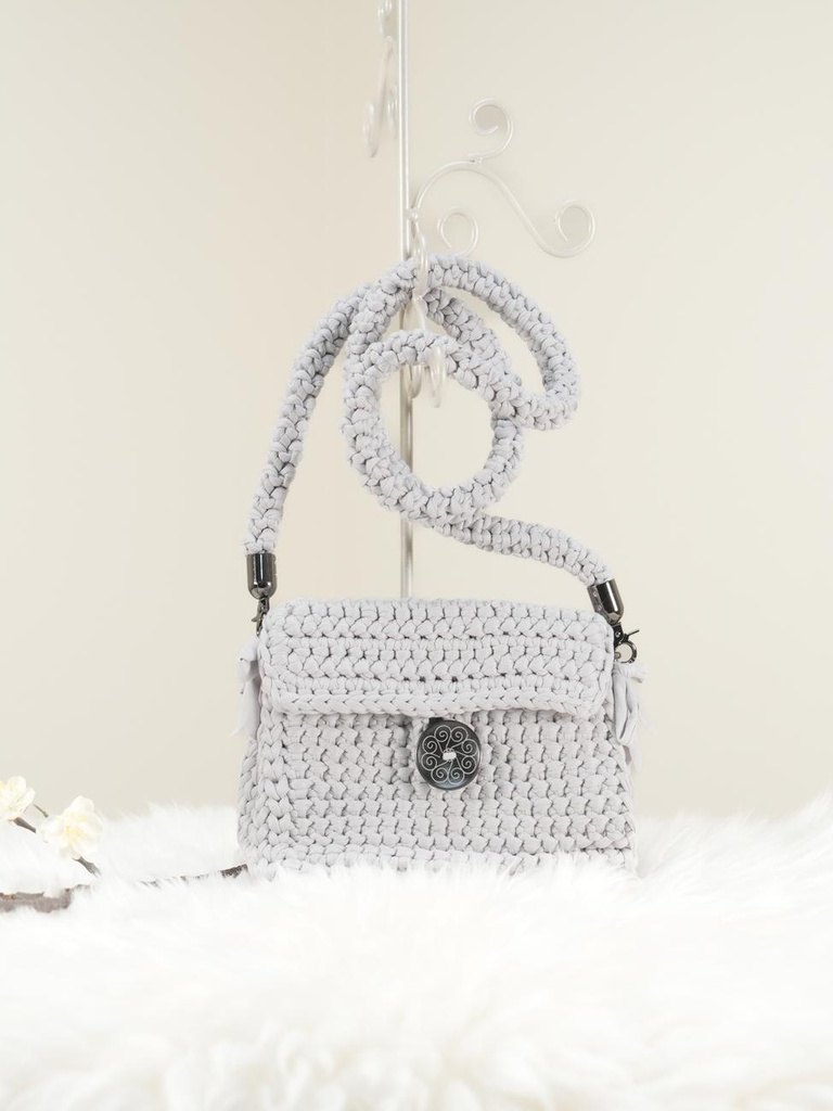 Gray Crochet Handbag with Decorative Button and Long Crochet Strap
