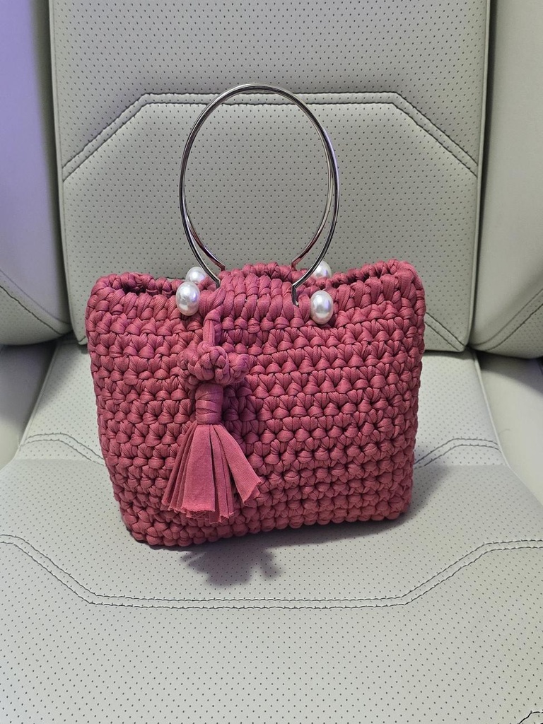 Pink Crochet Handbag with Pearl Ring Handles and Tassel Charm