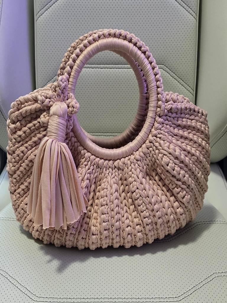 Pleated Crochet Handbag with Round Handles and Tassel