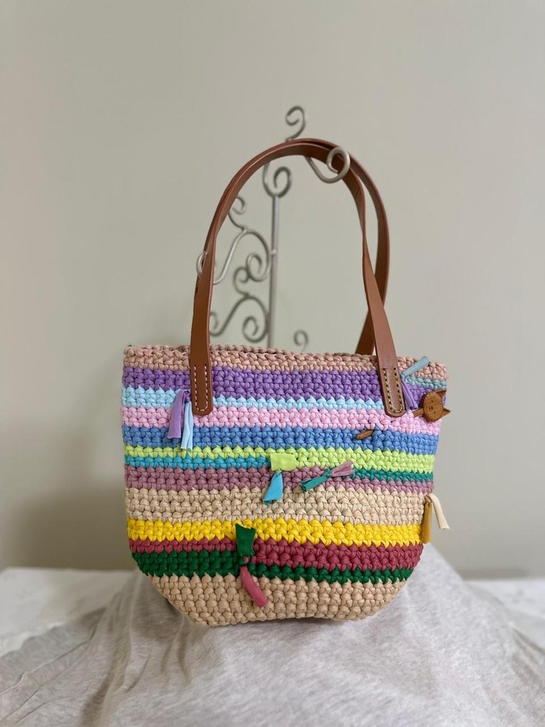Colorful Striped Crochet Tote Bag – Handmade with Leather Handles and Tassel Accents