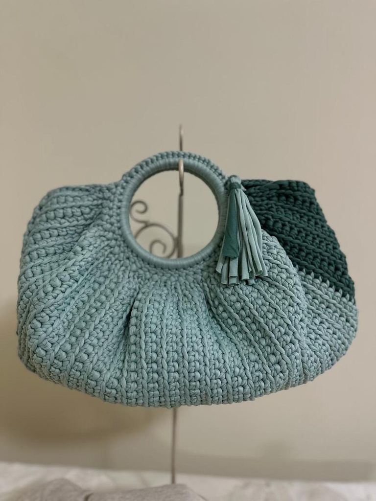 Two-Tone Teal Round Crochet Handbag – Circular Handle with Tassel Accent