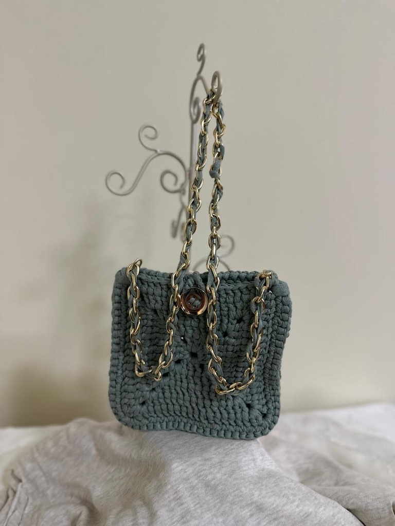 Sage Green Crochet Shoulder Bag – Gold Chain Strap with Button Closure