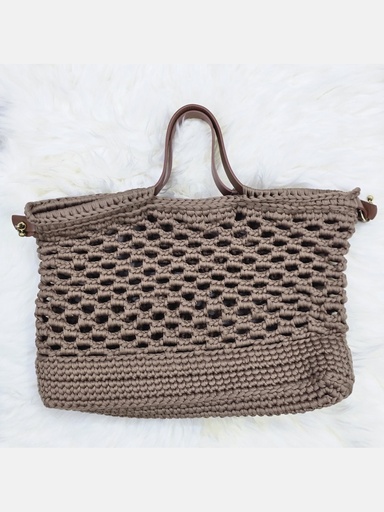 Tan Crochet Handbag with Lattice Design and Brown Leather Handles