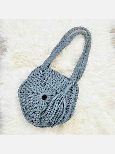 Teal Round Crochet Bag with Braided Straps and Tassel