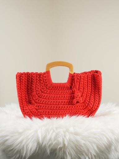 Red Wave Crochet Handbag with Wooden Handles