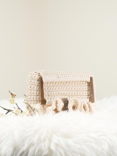 Beige Clutch with Wooden Frame and Leather Lock