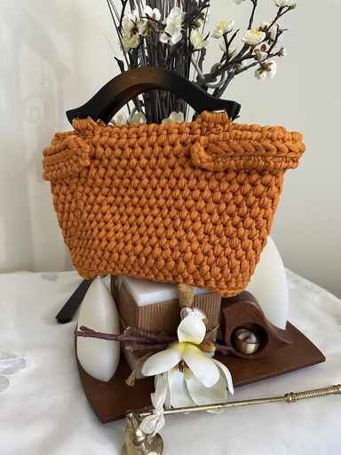Orange Crochet Bag - Wooden Handle