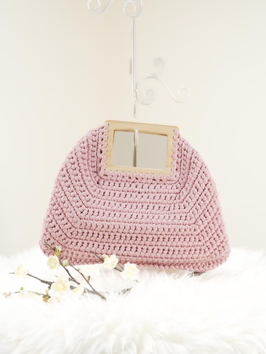 Light Pink Crochet Handbag with Wooden Square Handle and Geometric Design
