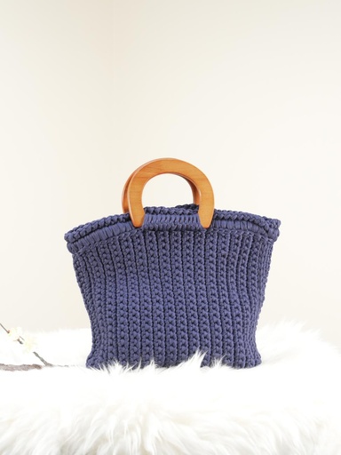 Dark Blue Crochet Handbag with Wooden Handle