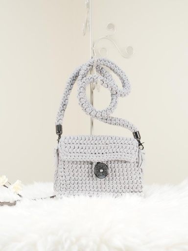 Gray Crochet Handbag with Decorative Button and Long Crochet Strap