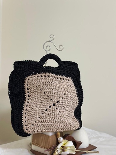 Two-Tone Square Crochet Tote Bag – Black and Beige Handmade Handbag