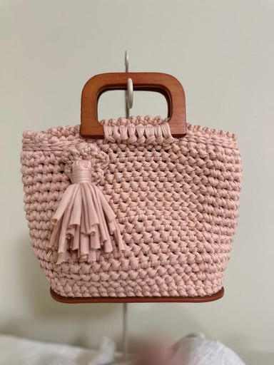 Blush Pink Crochet Handbag with Wooden Handle – Structured Design & Tassel Detail