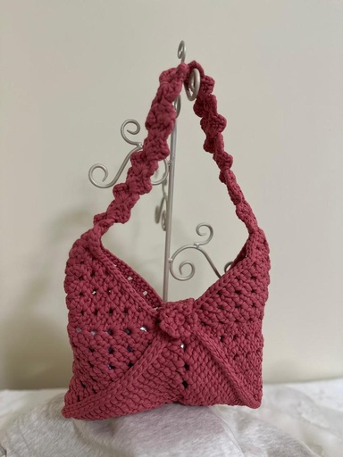 Dark Rose Origami-Style Crochet Shoulder Bag – Handmade with Textured Strap