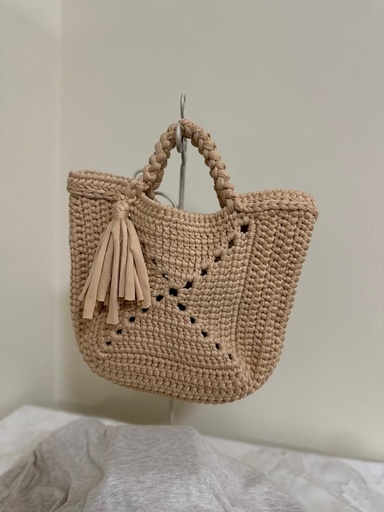 Beige Square Crochet Tote Bag – Braided Handle with Tassel Accent