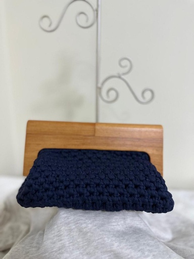 Navy Crochet Clutch Bag – Wooden Frame Minimalist Design