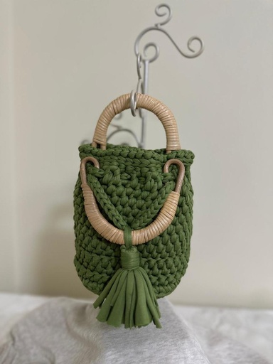 Olive Green Crochet Bucket Bag – Rattan Handles with Bold Tassel Detail