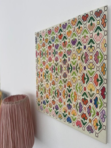 لوحة تطريز تراثية بزخارف زهرية متكررة